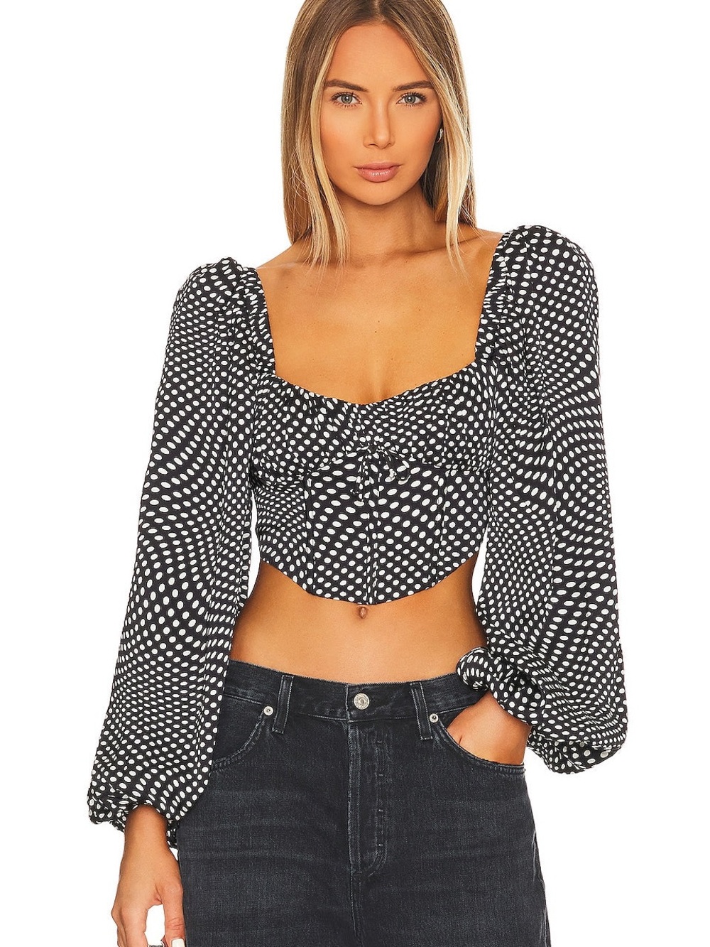 NWT For Love & Lemons Kat Black and White Polka Dot Puff Sleeve Crop Top